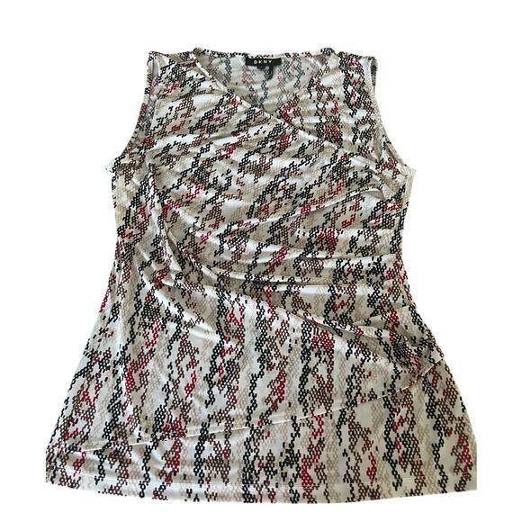 DKNY Print Stretch Knit Surplice Top Blouse Sleeveless Ruching Woman Size Medium - Picture 3 of 9